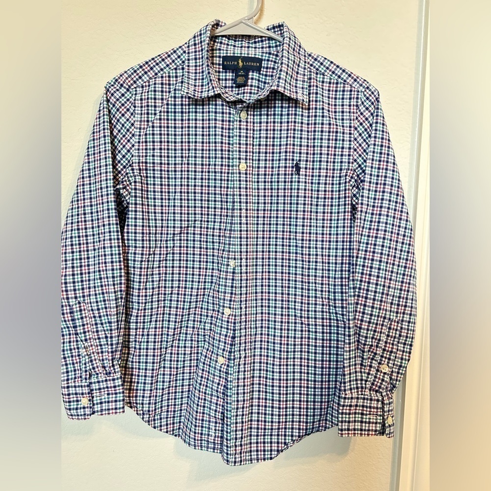 RALPH Lauren button down long sleeve boys shirt, sz Medium 10/12, classic plaid